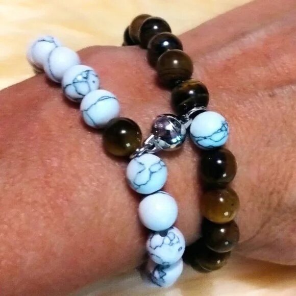 4/20 Magnetic Connection Bracelet Set Tiger Eye Stone and Marbled Volcanic Stone - Picture 1 of 5